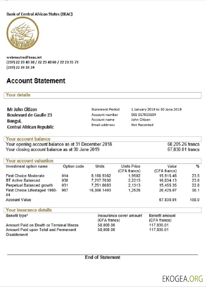 Modèle de relevé bancaire de la Banque des États de l'Afrique centrale (BEAC) de la République centrafricaine